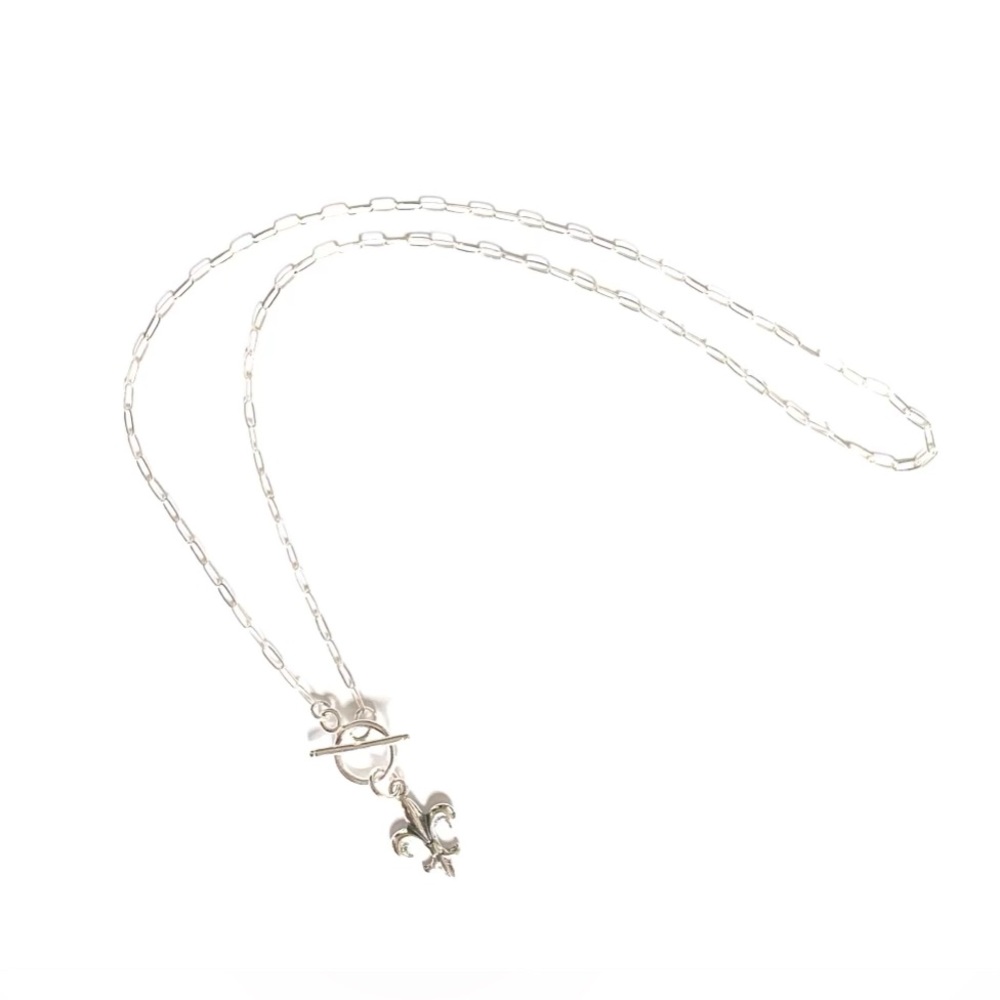 Sterling Silver Necklace Fleur de Lis Women's Paperclip Chain Toggle Closure 18"